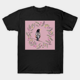 American Robin with Flower Wreath and violet background T-Shirt